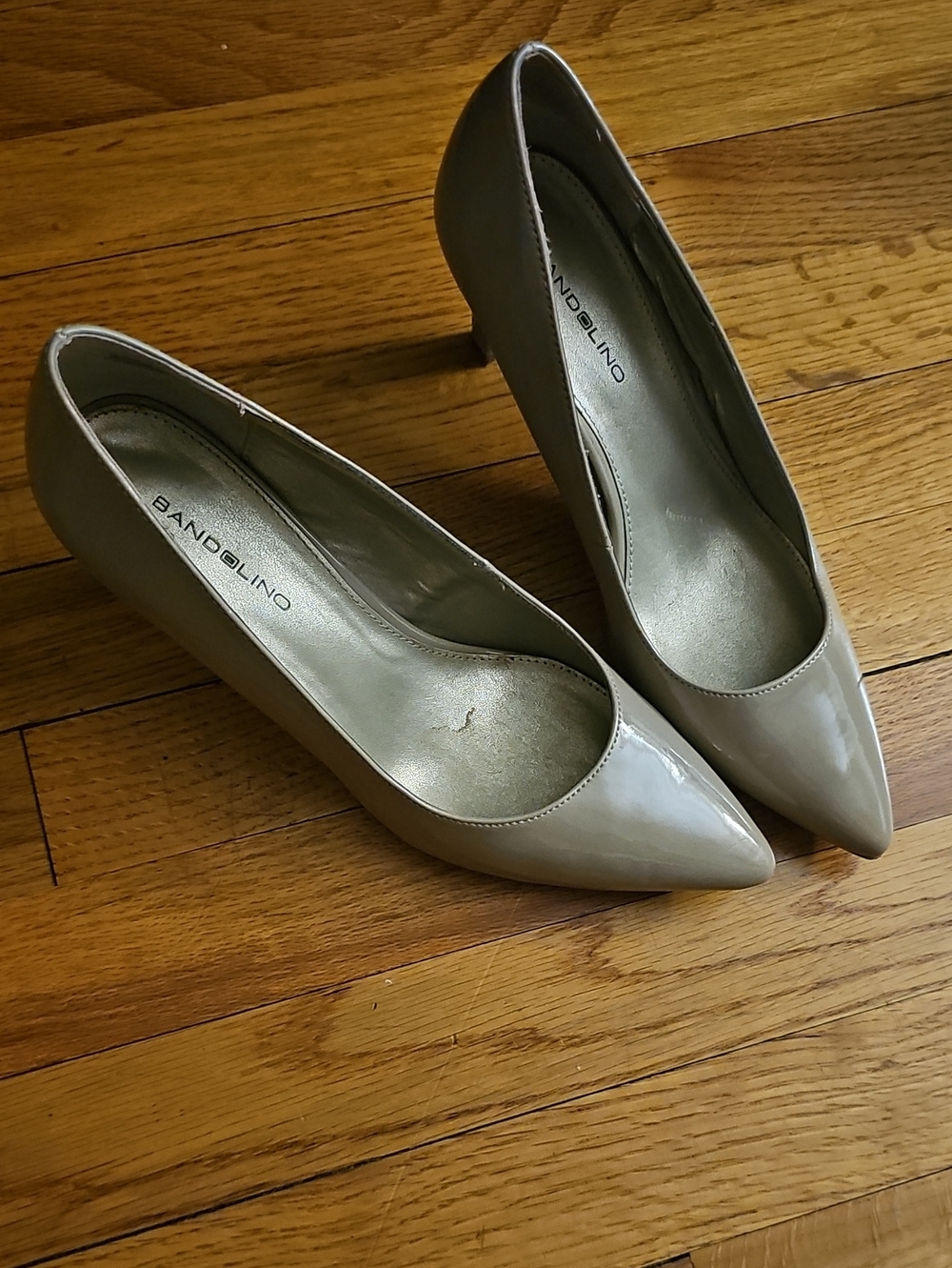 Bandolino Taupe Patent Pointed Toe Heels